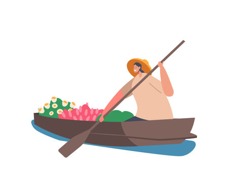 Asian Woman Seller Wear Straw Hat Sell Fruits and Flowers on Wooden Boat. Female Trader Isolated on White Backgroundのイラスト素材