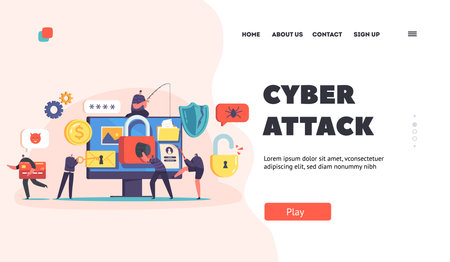 Cyber Attack Landing Page Template. Hacker Phishing, Stealing Personal Data in Internet. Online Security Conceptのイラスト素材