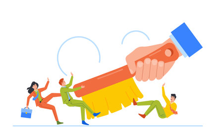 Personnel Downsnizing Business Concept. Huge Boss Hand Brushing People. Team Reduction, Employee Characters Dismissalのイラスト素材