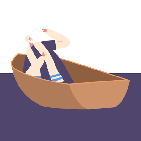 Biblical Apostle Sitting In Boat With Frighten Face Expression. One Of Twelve Individuals Chosen By Jesus Christのイラスト素材
