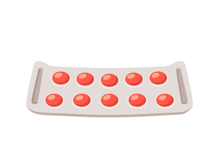 Blister With Tablets For Disease Treatment And Pain Reduce. Pack Of Red Round Tablets. Medicine, Vitamin, Antibioticのイラスト素材