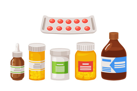 Set of Medical Pills or Medications, Pharmacy and Drugstore Production. Blister, Bottles or Jars with Drugs Iconsのイラスト素材