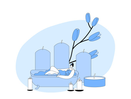 Young Woman Relaxing In Bath With Foam And Burning Candles In Spa Or Home. Happy Female Character Hygiene, Beautyのイラスト素材