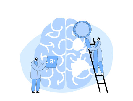 Tiny Doctor Characters Stand On Ladder With Magnifying Glass Learn Huge Human Brain With Holes, Alzheimer And Dementiaのイラスト素材