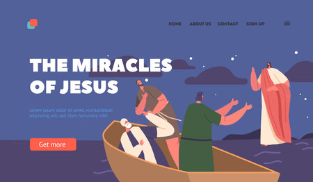 The Miracles of Jesus Landing Page Template. Biblical Scene with Jesus Walking On Water, while Apostles Sitting In Boatのイラスト素材