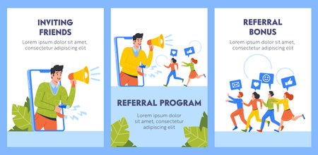 Referral Program Business Banners. Salesman Character Shouting to Megaphone Attracting Audience to Refer Friendsのイラスト素材