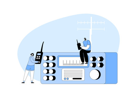 People Use Radio Technologies Concept. Radio Amateurs Male And Female Characters Communicate With Portable Walkie Talkieのイラスト素材