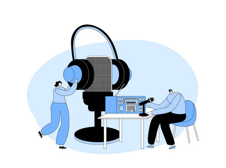 Character Work On Radio Concept. Male Radio Dj Amateur Character Speak To Microphone Broadcasting Program On Airのイラスト素材
