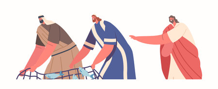 Wonderful Catch Biblical Event with Jesus and Apostle Characters Miraculously Caught A Large Amount Of Fish with Netのイラスト素材