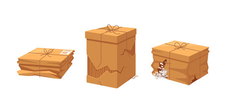 Cardboard Boxes In Damaged State With Creases And Showing Signs Of Wear And Tear From Rough Handling Or Transportationのイラスト素材