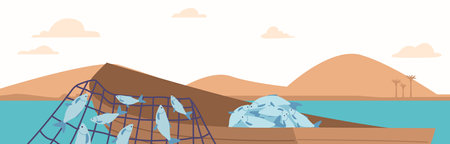 Fish Caught In Boat With Nets At Serene Ocean Background With Sand Dunes And Palms. Concept Of Fishing Industryのイラスト素材