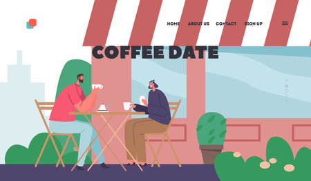 Coffee Date Landing Page Template. Male And Female Characters Couple Enjoying Meal In Street Cafe. Relaxed People Chatのイラスト素材