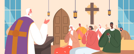 Catholic Church With People Gathered Inside And A Priest Leading The Service. Community, Faith, And Devotion Religiousのイラスト素材