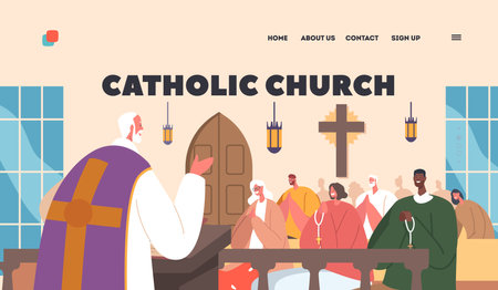 Catholic Church Landing Page Template. Priest Leading The Service To Characters Sitting On Pews. Faith, Spiritualityのイラスト素材