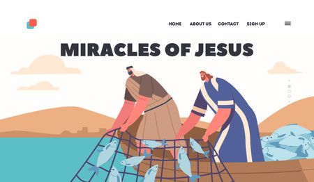 Wonderful Catch Landing Page Template. Jesus Miracles, Apostles Caught An Abundance Of Fish, Symbolizing His Powerのイラスト素材