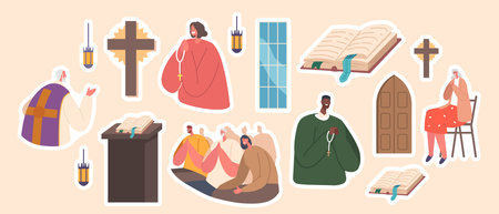 Set of Stickers Characters Praying in Catholic Church, Priest Leading The Service. Bible Book, Pulpit Vector Patchesのイラスト素材