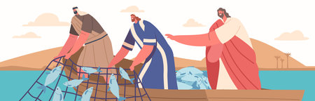 Wonderful Catch Biblical Event. Jesus Miraculously Caught A Large Amount Of Fish After Instructing Simon To Let Down Netのイラスト素材