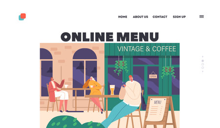 Online Menu Landing Page Template. Bustling Street Cafe Is Filled With People Sipping Coffee, Chatting With Friendsのイラスト素材