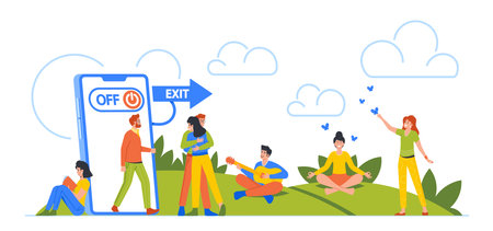 Business People Exit from Mobile Phone to Nature Putting Aside Technology To Connect With The World Aroundのイラスト素材