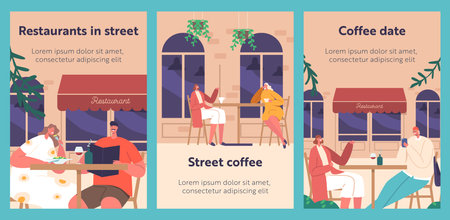Cartoon Banners with People Chatting And Enjoying Drinks and Meals in Street Cafe. Characters Sitting at Outdoor Tablesのイラスト素材