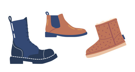 Set Of Autumn Or Winter Shoes, Comfortable Casual Style Footwear. Ugg Boots And Elegant Footgear For Cold Seasonのイラスト素材