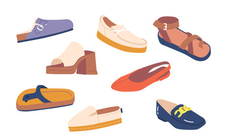 Set Of Summer Shoes Sandals, Slip-ons, Loafers. Comfortable Footwear Of Various Styles, Made From Lightweight Materialsのイラスト素材