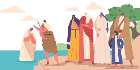 John The Baptist Baptizing Jesus In River with People Watching from Coast. Religious Scene, Spiritual Significant Momentのイラスト素材