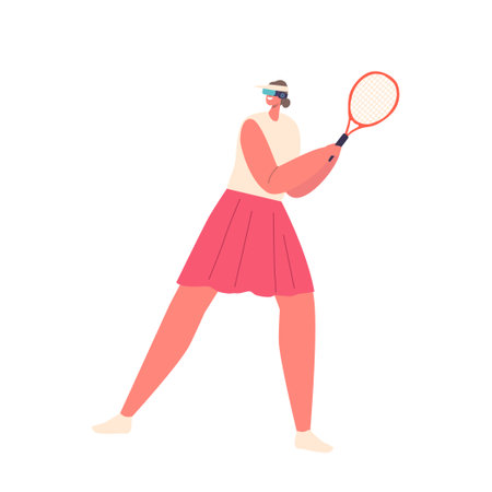 Female Character Play Virtual Reality Tennis On Digital Court, Swinging Racket To Hit Ball Isolated On White Backgroundのイラスト素材