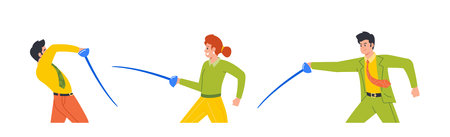 Male and Female Business Characters Fence With Rapiers Isolated on White Background. Fencing Club Competitionのイラスト素材
