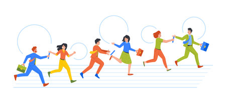 Business Characters Participate In Relay Race Passing Baton From One To Another In A Race For The Finish Lineのイラスト素材
