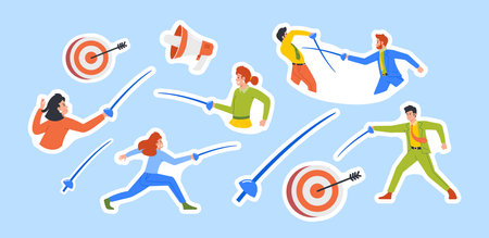 Set of Stickers Business Characters Men Women Fence With Rapiers or Fight on Swords in Encounter. Competitive Strategyのイラスト素材