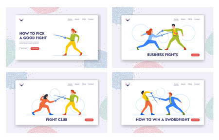 Business Fights Landing Page Template Set. Characters Fence With Rapiers or Fight on Swords in Encounterのイラスト素材