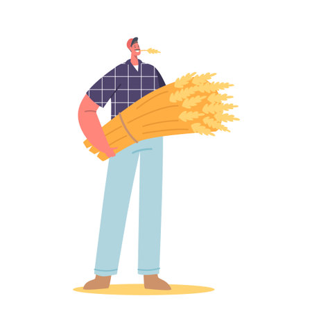 Farmer Male Character Holding Freshly Harvested Wheat In Hands. Hard Work, Agricultural Farming, Sustainable Livingのイラスト素材