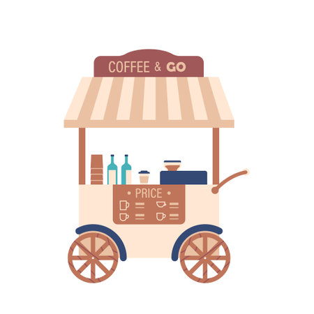 Wheeled Coffee Booth in Retro Style With Apron, Compact, Mobile Design For Outdoor Events And Festivals, Illustrationのイラスト素材