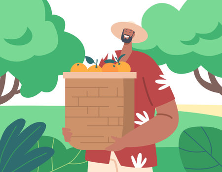 Farmer Character Holding Basket With Freshly Harvested Orange Fruits, Standing Amidst A Lush Green Field Illustrationのイラスト素材