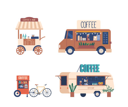 Mobile Coffee House On Wheels, Street Cafes Offering Fresh Brews And Pastries To Customers. Trendy Coffee Shopsのイラスト素材