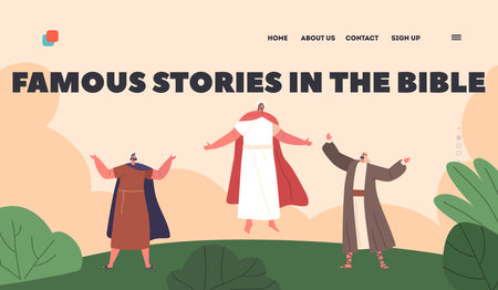 Bible Narratives Landing Page Template. Ascension Of Jesus Biblical Scene. Son of God Ascending To Heavenのイラスト素材
