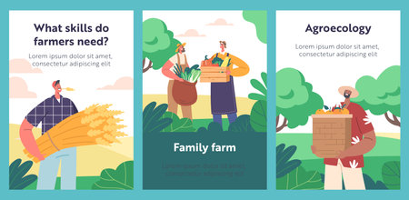 Cartoon Banners with Farmers Displaying Crops. Male and Female Rancher Characters With Fresh Produce And Sustenanceのイラスト素材