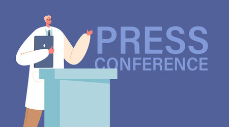 Medical Press Conference with Man Doctor Speaking to Audience on Tribune with Microphones. Speaker Male Characterのイラスト素材