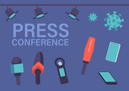 Set Of Icons Medical Press Conference Or Briefing Themed. Speaker Or Journalist Equipment, Microphones, Smartphonesのイラスト素材