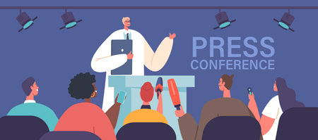 Press Conference with Man Doctor in White Robe Speaking to Audience. Journalists or Press Media Workers with Microphonesのイラスト素材