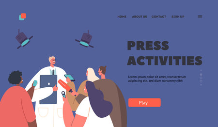 Press Activities Landing Page Template. Medical Mass Media Announcement, Press Conference, Health Care Live Newsのイラスト素材