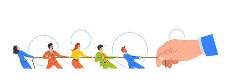Concept Of Company Competition, Office Struggle, Overcome Obstacles. Business Characters Team Competes with Bossのイラスト素材