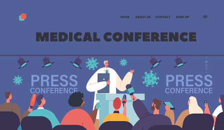 Medical Conference Landing Page Template. Man Doctor On Tribune Speaking To Audience, Making Report About Of Health Careのイラスト素材