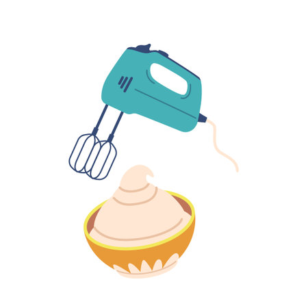 Mixer Blends Ingredients With Cream In A Bowl. The Creamy Mixture Is Being Prepared For Baking Or Cookingのイラスト素材