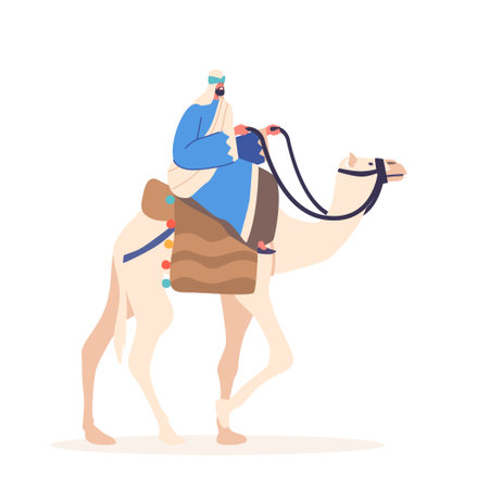 Bedouin Riding Camel Through The Desert Isolated on White Background. Concept of Nomadic Lifestyle Of The Bedouinのイラスト素材