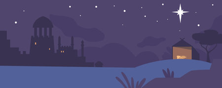 Humble Barn Located In The Barren Bethlehem Desert Where Jesus Was Born, Surrounded By Sand Dunes And A Starry Night Skyのイラスト素材