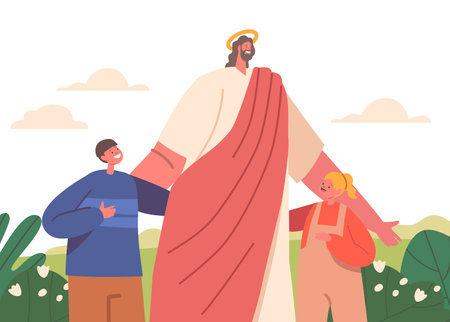 Peaceful Meadow Scene With Jesus Stand Among Children, Surrounded By Nature. Concept Of Love And Kindness Of Jesusのイラスト素材