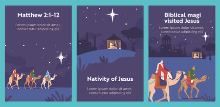Nativity Of Jesus Cartoon Banners With Magi On Camels Travel By Night To Visit Newborn King. Biblical Religious Postersのイラスト素材