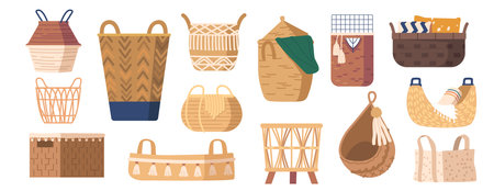 Set of Woven Baskets Made Of Natural Materials Such As Willow, Reed, Or Bamboo In Various Shapes And Sizesのイラスト素材